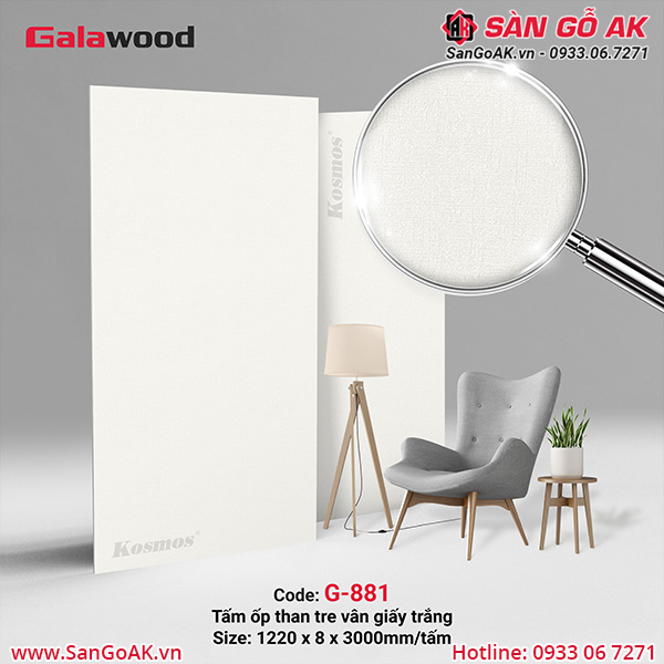 Tấm ốp tường/ốp trần than tre vân giấy màu trắng G-881 Galawood