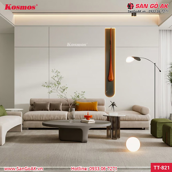 Ốp vách sofa phòng khách bằng tấm ốp than tre TT-821 vân giấy trắng