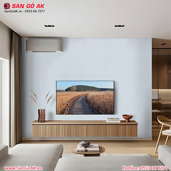 Trang trí vách tivi phòng khách bằng tấm than tre vân giấy trắng