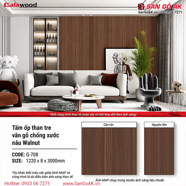 Hình ứng dụng tấm ốp than tre vân gỗ chống xước nâu walnut G-708