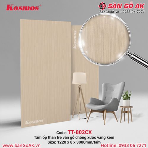Tấm ốp than tre Kosmos vân gỗ chống xước vàng kem TT-802CX
