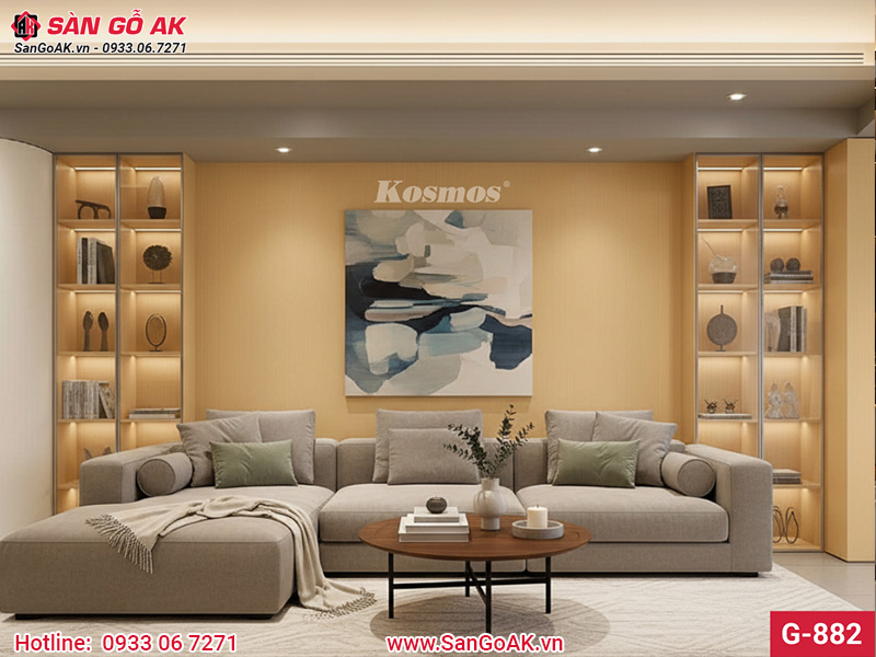 Ốp vách sofa phòng khách bằng tấm than tre G-882 vân gỗ