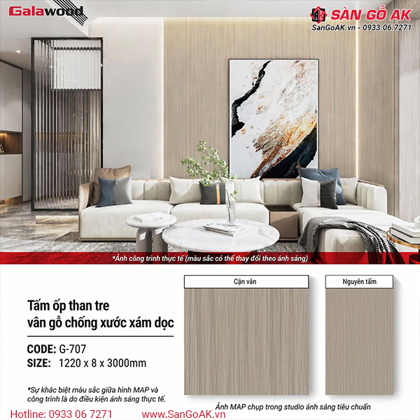 Hình ứng dụng tấm ốp than tre vân gỗ chống xước xám dọc G-707