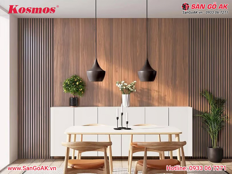 Tấm ốp than tre TT-825 vân gỗ nâu walnut trang trí phòng ăn