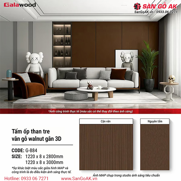 Thông số của tấm ốp than tre G-884 vân gỗ walnut 3D