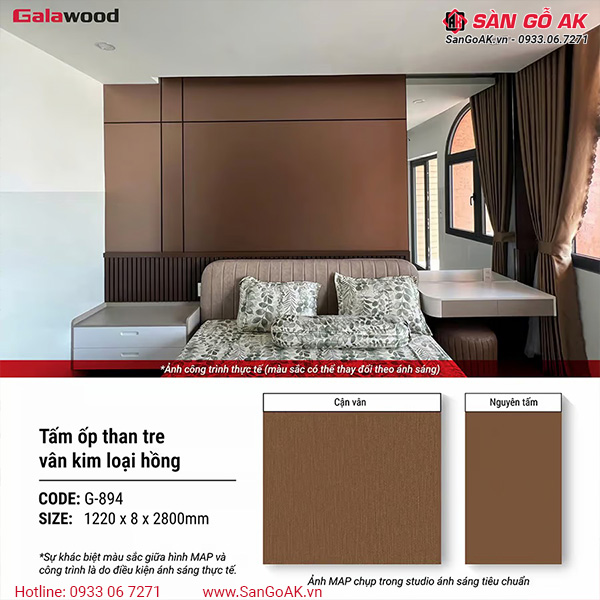 Thông số của tấm ốp than tre G-894 vân kim loại màu hồng trà
