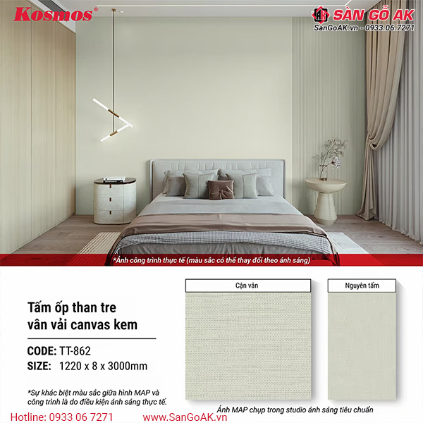 Hình ứng dụng của tấm ốp than tre TT-862 vân vải canvas kem