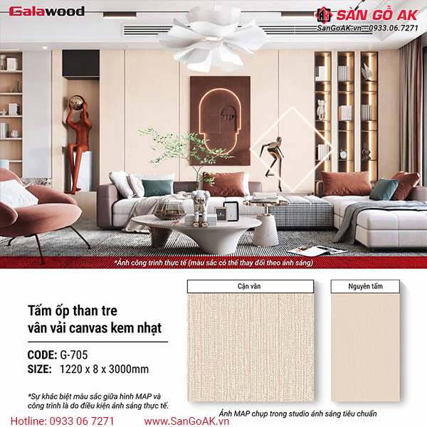 Hình ứng dụng tấm ốp than tre vân vải canvas kem nhạt G-705