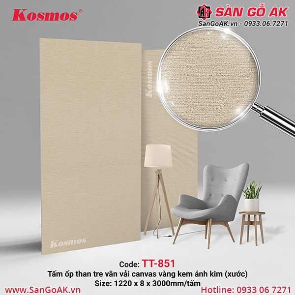 Tấm ốp sợi than tre vân vải canvas vàng kem ánh kim TT-851