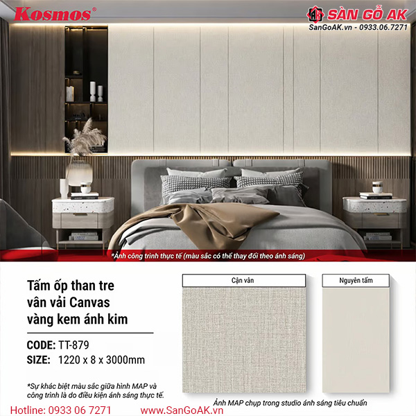 Hình công trình thực tế ứng dụng tấm ốp than tre vân vải canvas vàng kem ánh kim TT-879