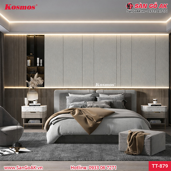 Ốp vách đầu giường phòng ngủ với tấm than tre vân vải TT-879