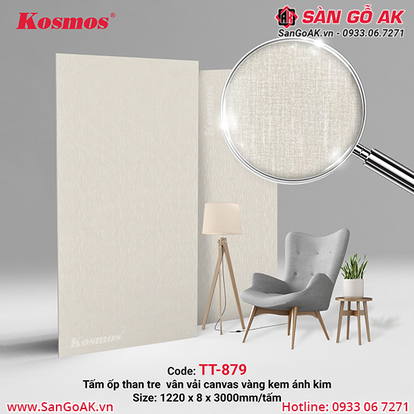 TT-879 là tấm ốp than tre vân vải canvas vàng kem ánh kim