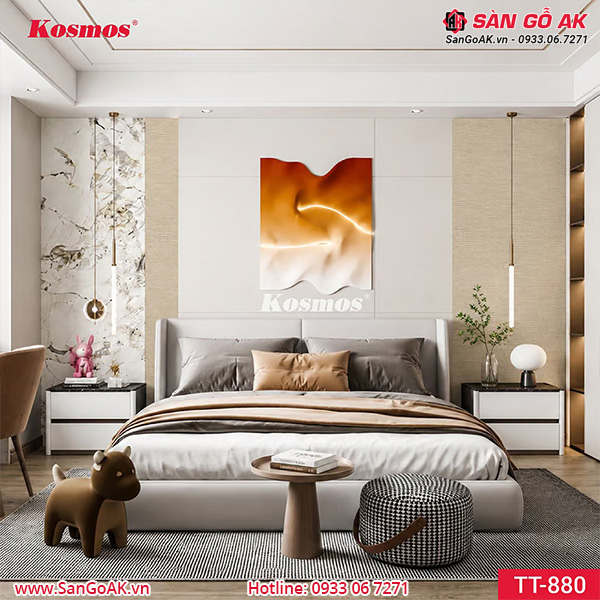 Trang trí vách đầu giường phòng ngủ với tấm ốp than tre vân vải TT-880
