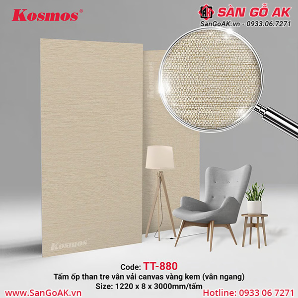 TT-880 là tấm ốp than tre vân vải canvas vàng kem (vân ngang)