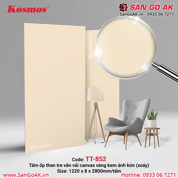 Tấm ốp tường/ốp trần than tre vân vải vàng nhạt hiệu ứng xoáy TT-852