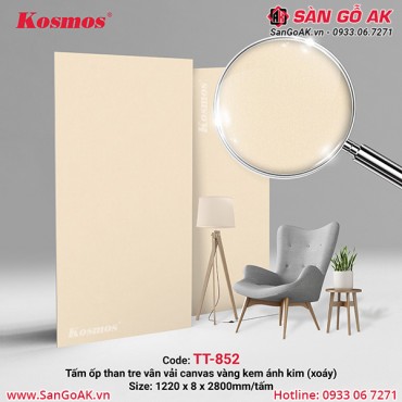 Tấm ốp than tre Kosmos vân vải canvas vàng nhạt ánh kim xoáy TT-852