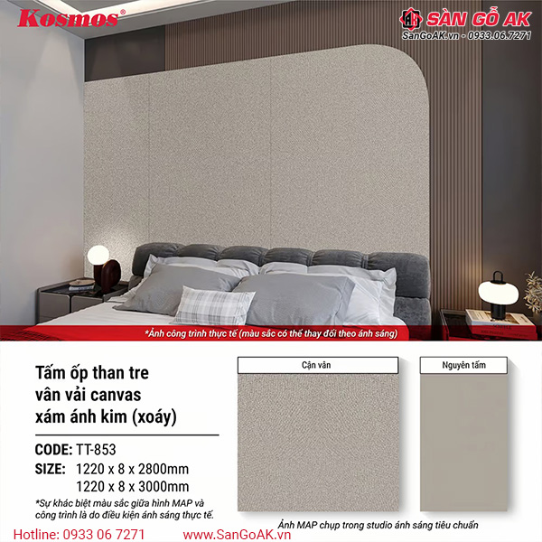 Thông số của tấm ốp than tre TT-853 vân vải canvas xám ánh kim