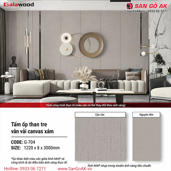 Hình ứng dụng tấm ốp than tre vân vải canvas xám G-704