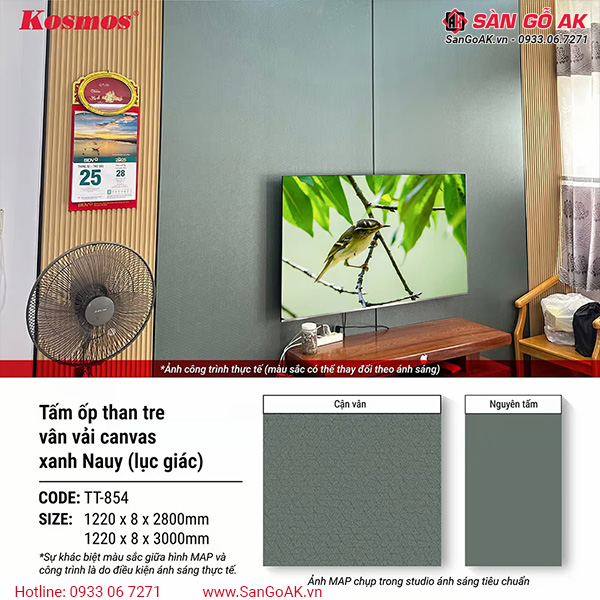 ông số của tấm ốp than tre TT-854 vân vải canvas xanh Nauy