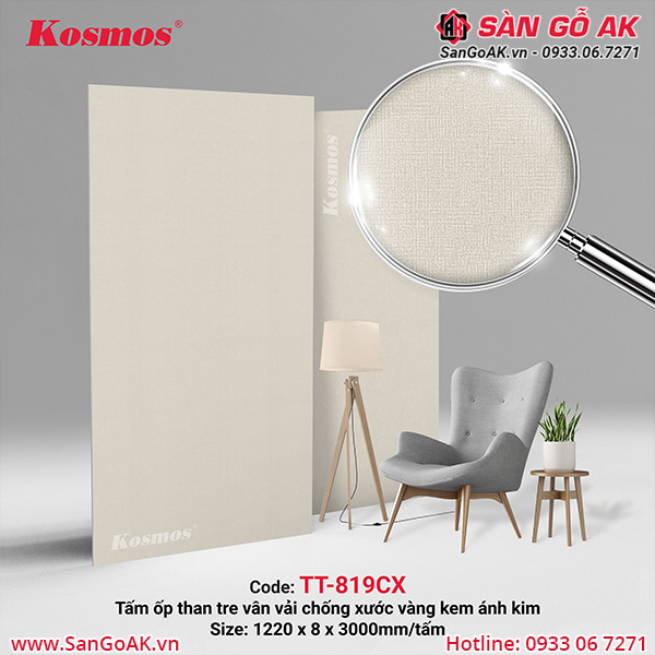 Tấm ốp sợi than tre vân vải chống xước vàng kem ánh kim TT-819CX