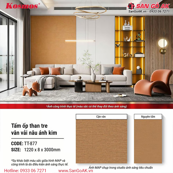 Hình ứng dụng tấm ốp than tre vân vải nâu ánh kim TT-877