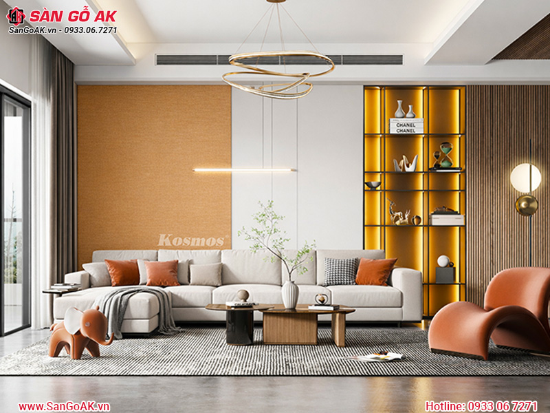 Trang trí vách sofa phòng khách với tấm ốp than tre vân vải TT-877