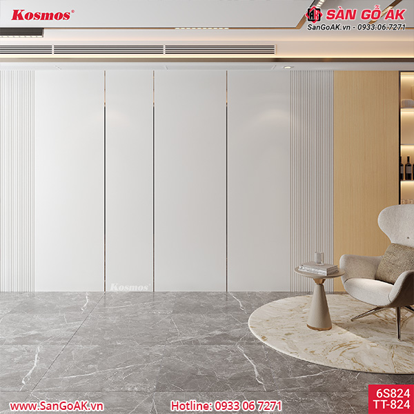 Ốp tường bằng tấm ốp than tre TT-824 và lam sóng vân vải trắng ghi