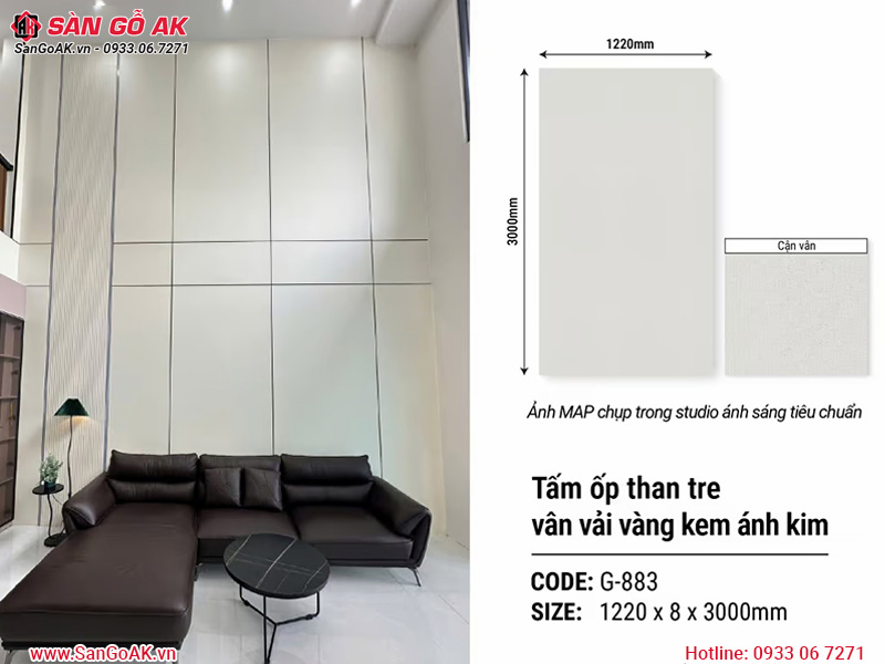 Thông số của tấm ốp than tre G-883 vân vải vàng kem ánh kim