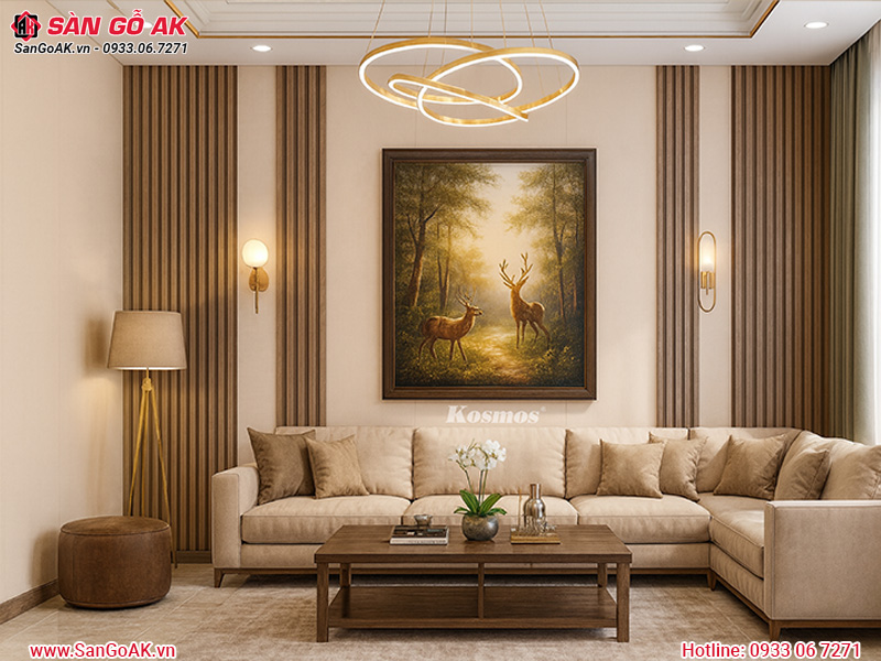 Ốp vách sofa phòng khách bằng tấm than tre TT-503 vân vải vàng kem