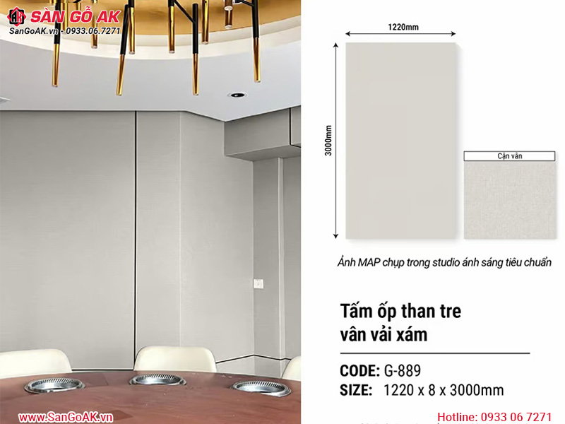 Thông số của tấm ốp than tre G-889 vân vải xám