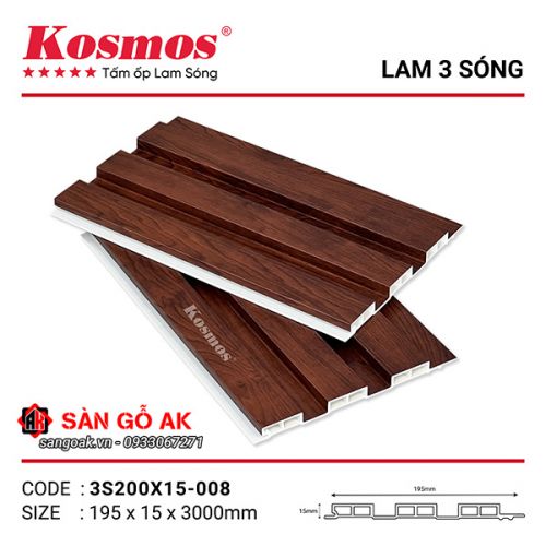 Tấm ốp lam 3 sóng thấp PVC Kosmos 3S200X15-008