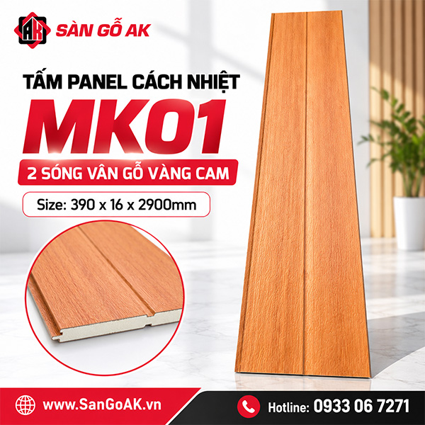 Tấm Panel tôn xốp cách nhiệt MK01 vân gỗ vàng cam