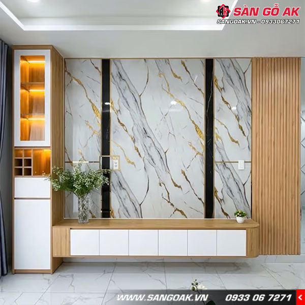 Trang trí phòng khách trở nên sang trọng, đẳng cấp hơn với tấm ốp vân đá PVC2029 dát vàng