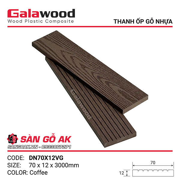 Thanh đa năng gỗ nhựa Galawood DN70X12VG vân gỗ, vân sọc màu Coffee
