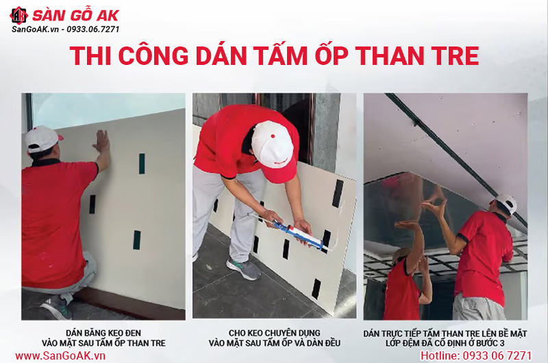 Thi công dán tấm ốp than tre