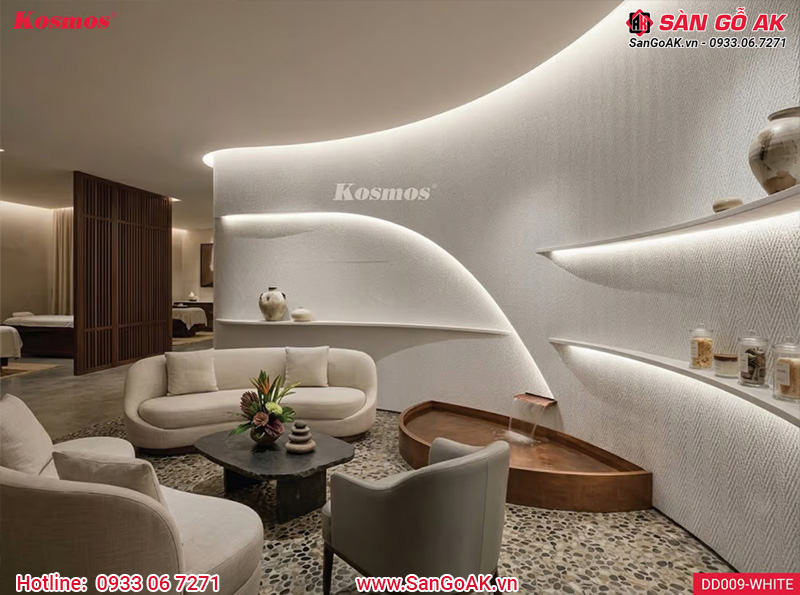 Kết hợp tấm đá dẻo vân sợi gai dầu trắng cùng hiệu ứng đèn Led cho cửa hàng Showroom