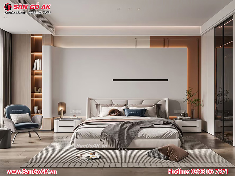 Tường đầu giường ốp than tre vân đá trắng uốn cong