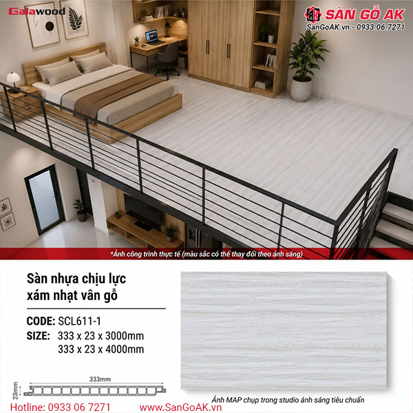 Trang trí gác lửng với sàn chịu lực Galawood SCL611-1 vân gỗ xám nhạt