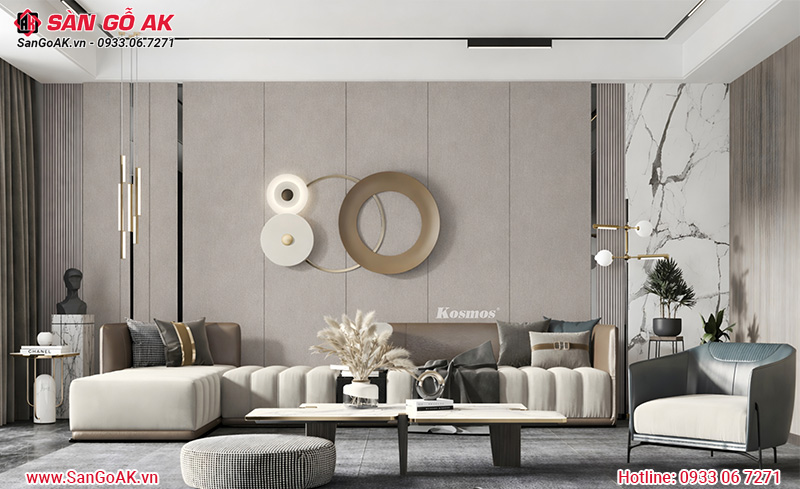 Ứng dụng tấm than tre ốp vách sofa phòng khách