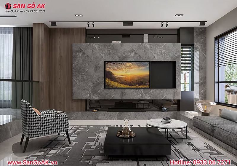 Ứng dụng ốp vách tivi phòng khách bằng tấm than tre