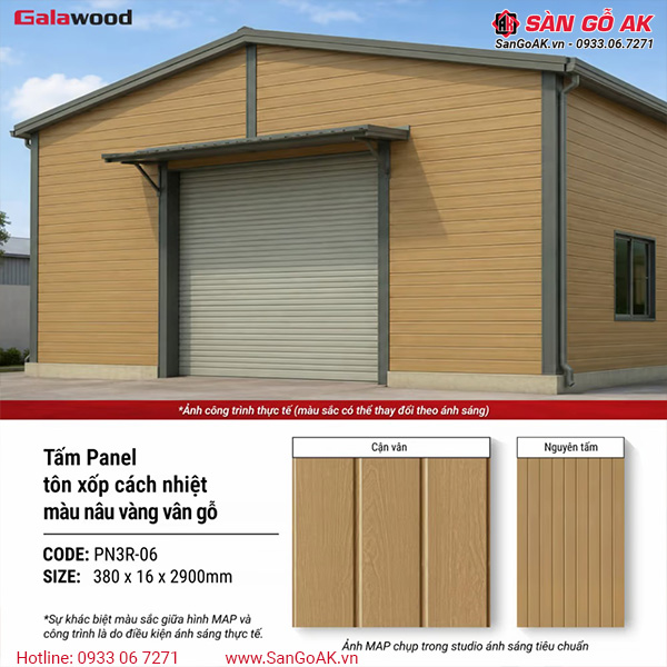 Tấm Panel tôn xốp 3 rãnh PN3R-06 màu nâu vàng vân gỗ