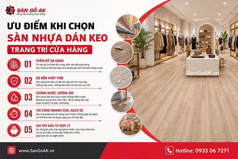Ưu điểm khi chọn sàn nhựa dán keo trang trí cửa hàng