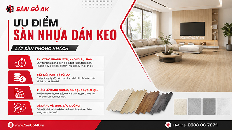 Ưu điểm khi chọn sàn nhựa dán keo lát sàn phòng khách