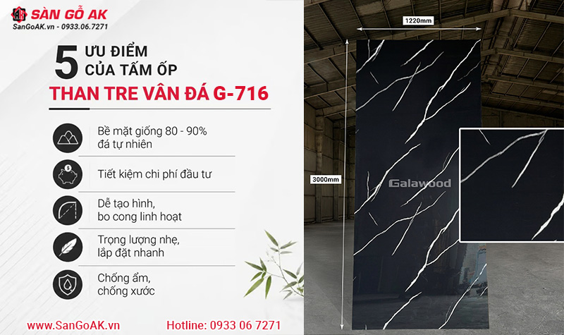 Ưu điểm của tấm ốp sợi than tre Galawood vân đá G-716