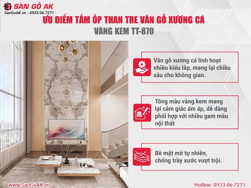 Ưu điểm tấm ốp than tre vân gỗ xương cá vàng kem TT-870