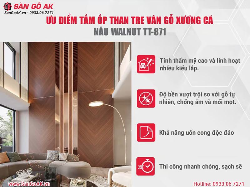 Ưu điểm tấm ốp than tre vân gỗ xương cá nâu walnut TT-871