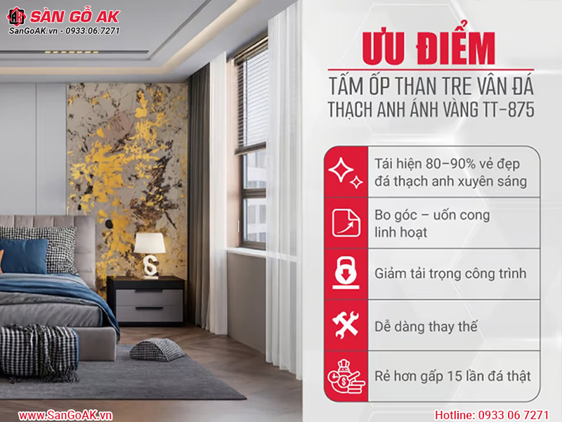 Ưu điểm của tấm ốp than tre vân đá thạch anh ánh vàng TT-875