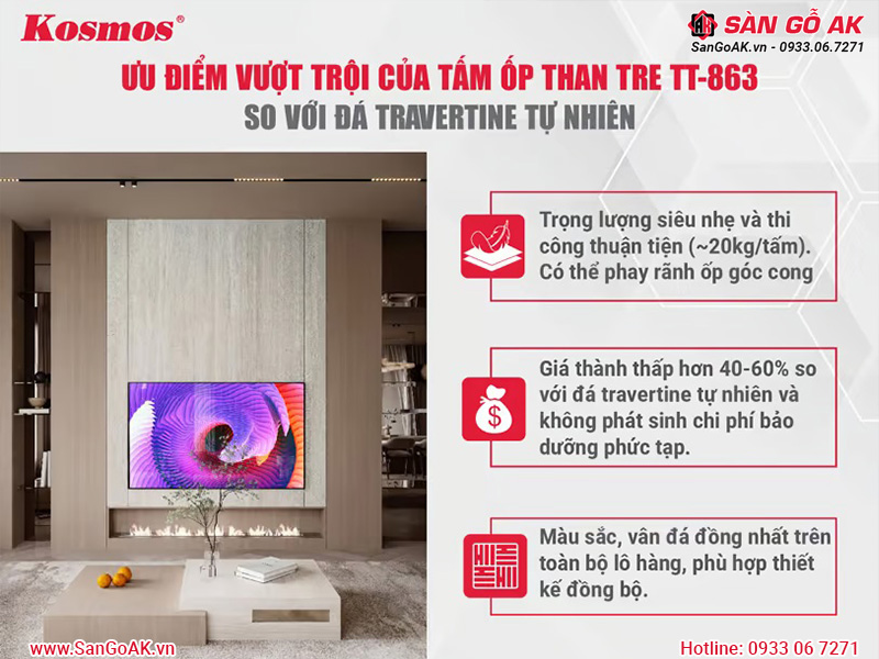 Ưu điểm vượt trội của tấm ốp than tre TT-863 so với đá travertine tự nhiên