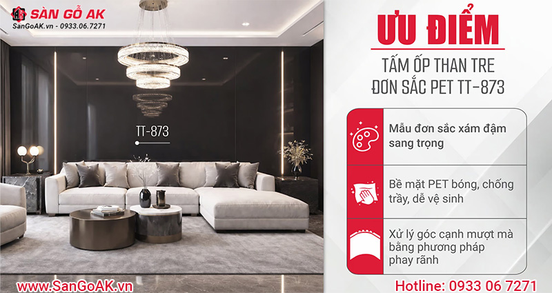 Ưu điểm tấm ốp than tre đơn sắc PET TT-873
