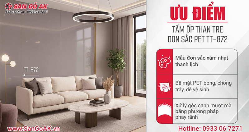 Ưu điểm tấm ốp than tre đơn sắc PET TT-872
